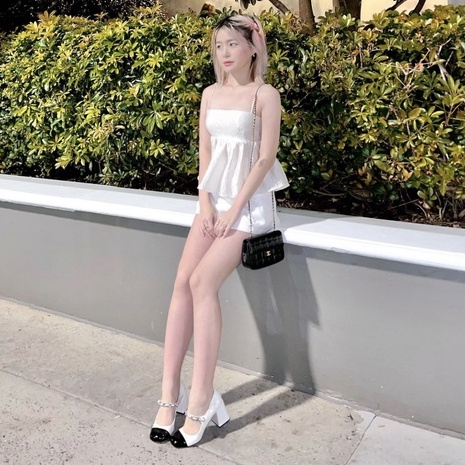 Giày cao gót đế vuông miumiu họa tiết quai xích ngọc tiểu thư thanh lịch