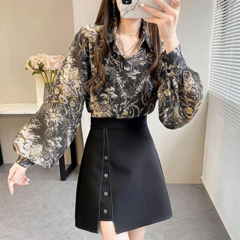 Áo Sơ Mi Chiffon Tay Dài Phồng Dáng Rộng In Họa Tiết Xinh Xắn Thời Trang Mùa Hè Cho Nữ