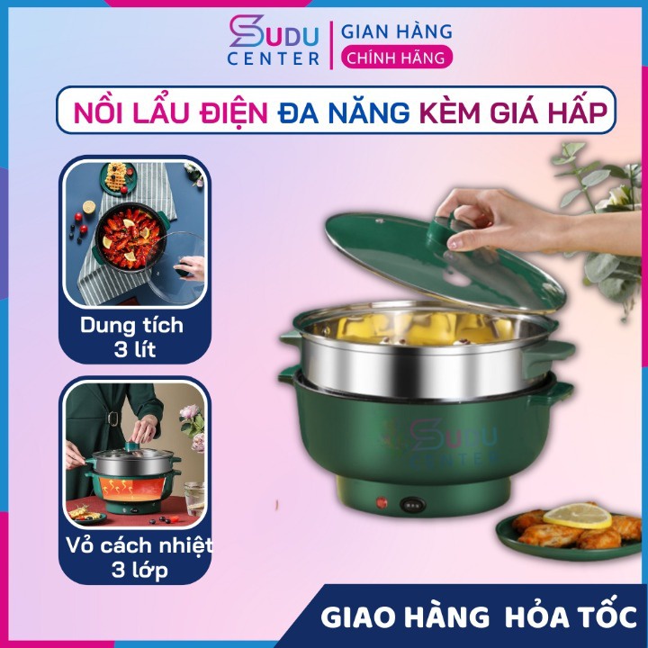 Nồi Lẩu Điện 28cm Có Giá Hấp, Bếp Điện Đa Năng Dành Cho Gia Đình, Nấu, Nướng, Chiên, Xào Tiện Lợi
