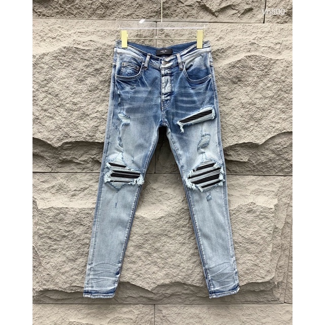 Quần jean skinny Amiri nam wash xanh khói rách xù viền vá da nhăn đen đùi gối ống xếp sóng cúc mác chữ likeauth JSC07P