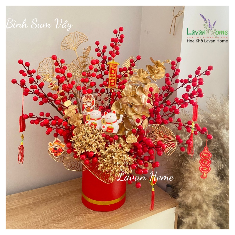 Bình hoa đào đông đỏ trang trí tết, quà tặng tết sang trọng, mang tài lộc cho năm mới, hoa để phòng khách, bàn tivi đẹp