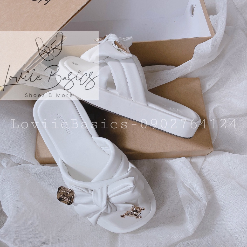 DÉP XUỒNG LOVIIE BASICS - DÉP THỜI TRANG PHONG CÁCH HIỆN ĐẠI QUAI CHÉO NƠ ĐÍNH GẤU ĐẾ BẰNG D221148
