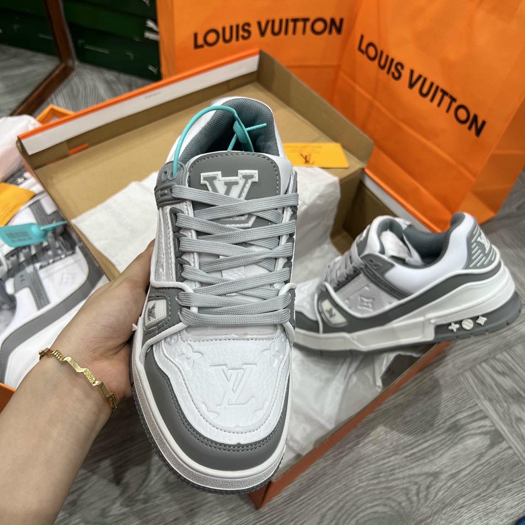 Giày thể thao LV Trainer màu xám ghi cổ thấp độn đế, giày sneaker LV Trainer xám mới nhất dành cho nam nữ đầy đủ billbox