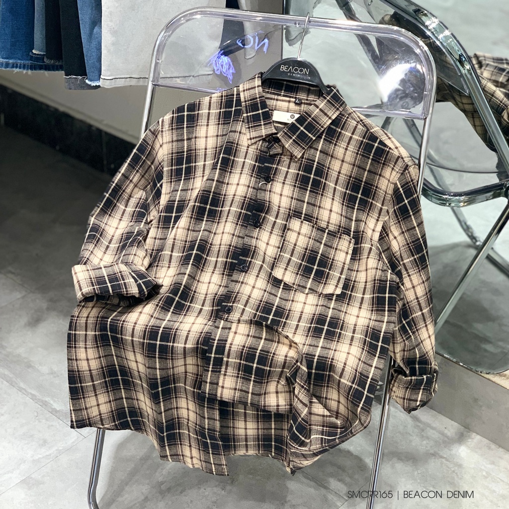 Áo Sơ Mi Nam Mẫu Caro Đen Sọc Kem F.Rộng BEACON DENIM Mã SMCRR165