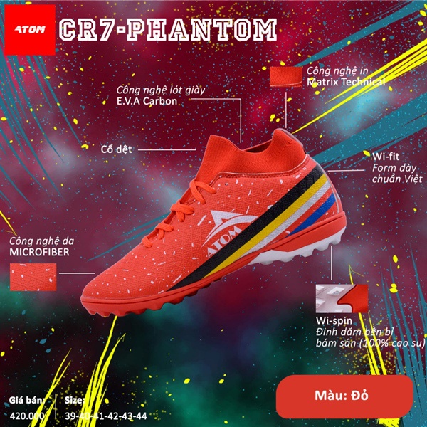 Giày Đá Banh Sân Cỏ Nhân Tạo ATOM CR7-PHANTOM Đỏ + Full Box R004 [Tặng Kèm 1 Đôi Tất/Vớ]