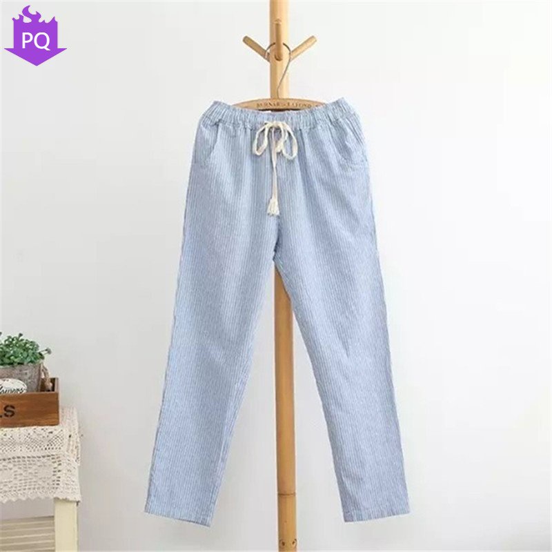 Quần Harem Dài Dáng Rộng Lưng Thun Kẻ Sọc Dọc Mùa Xuân Cho Nữ