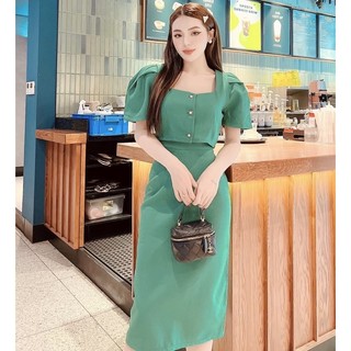 Set xanh cổ vuông nút ngọc (kèm hình thật)