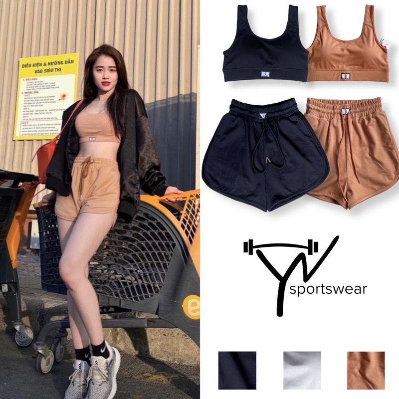 set đùi thể thao nữ, áo bra tập gym yoga kiểu dáng basic mix cùng quần đùi short ống rộng 2 lớp