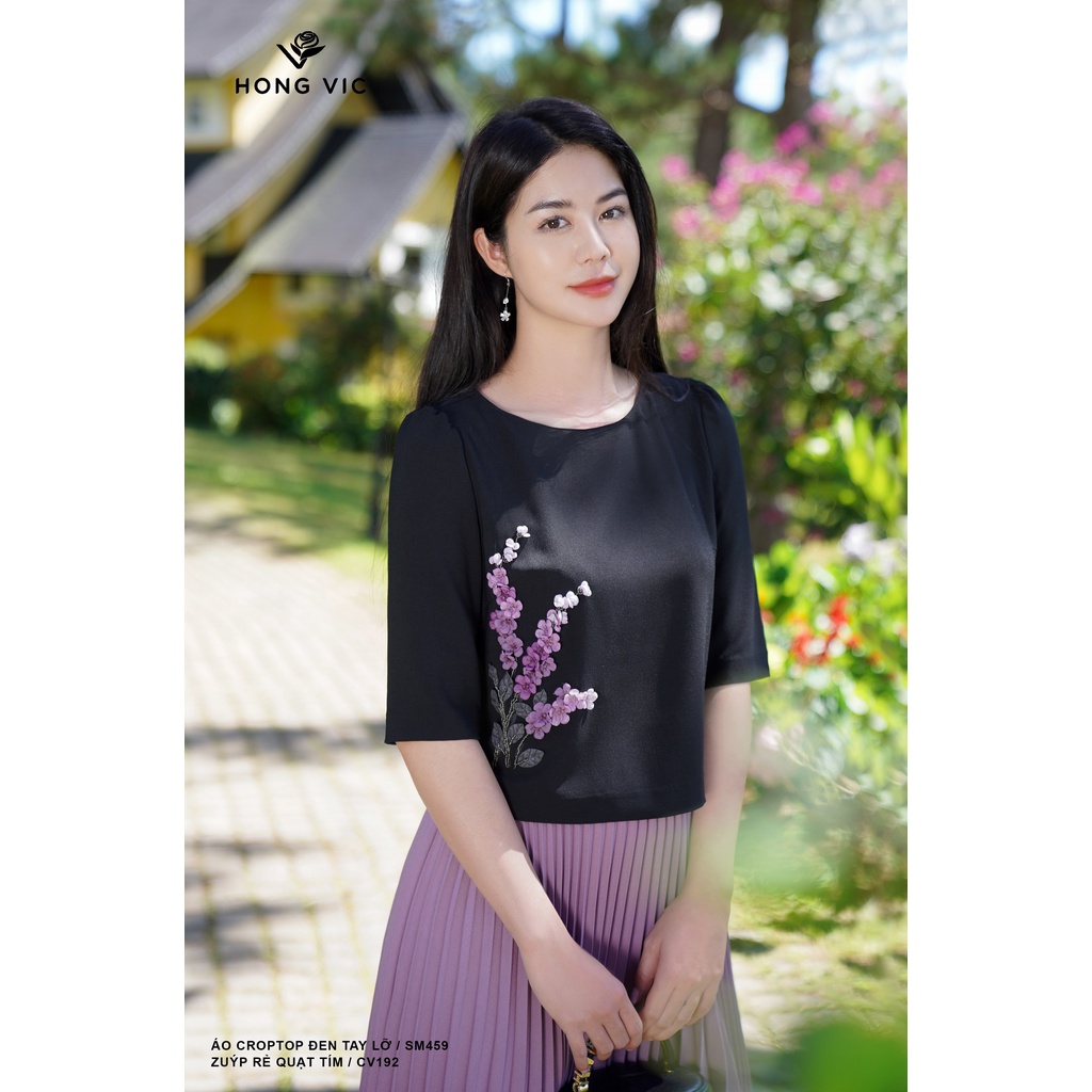 Áo croptop nữ thiết kế Hong Vic đen tay lỡ SM459