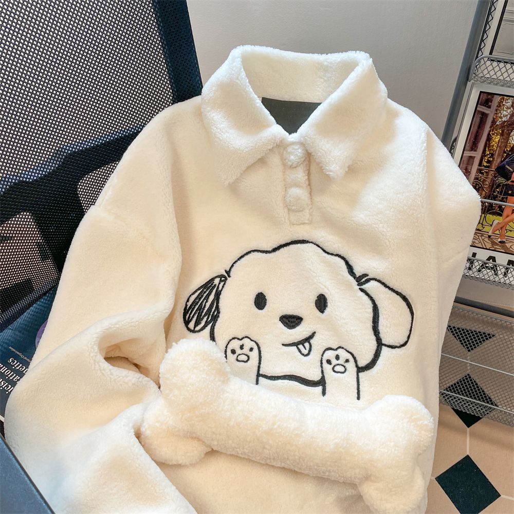 👗Trang phục Junyi💗Áo Sweater Lông Cừu Dày Dặn Cổ polo Thêu Hình Chú Cún Dễ Thương Thời Trang Thu Đông Cho Nữ