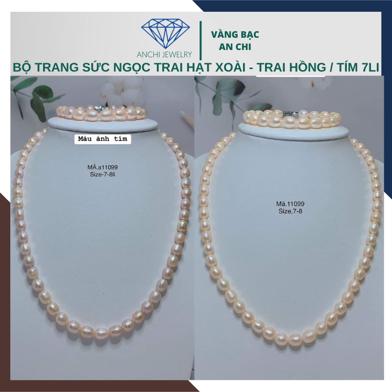 Sét vòng cổ và vòng tay hạt trai gạo hồng / tím - độ bóng 4A - ít vết sinh trưởng , Anchi jewelry