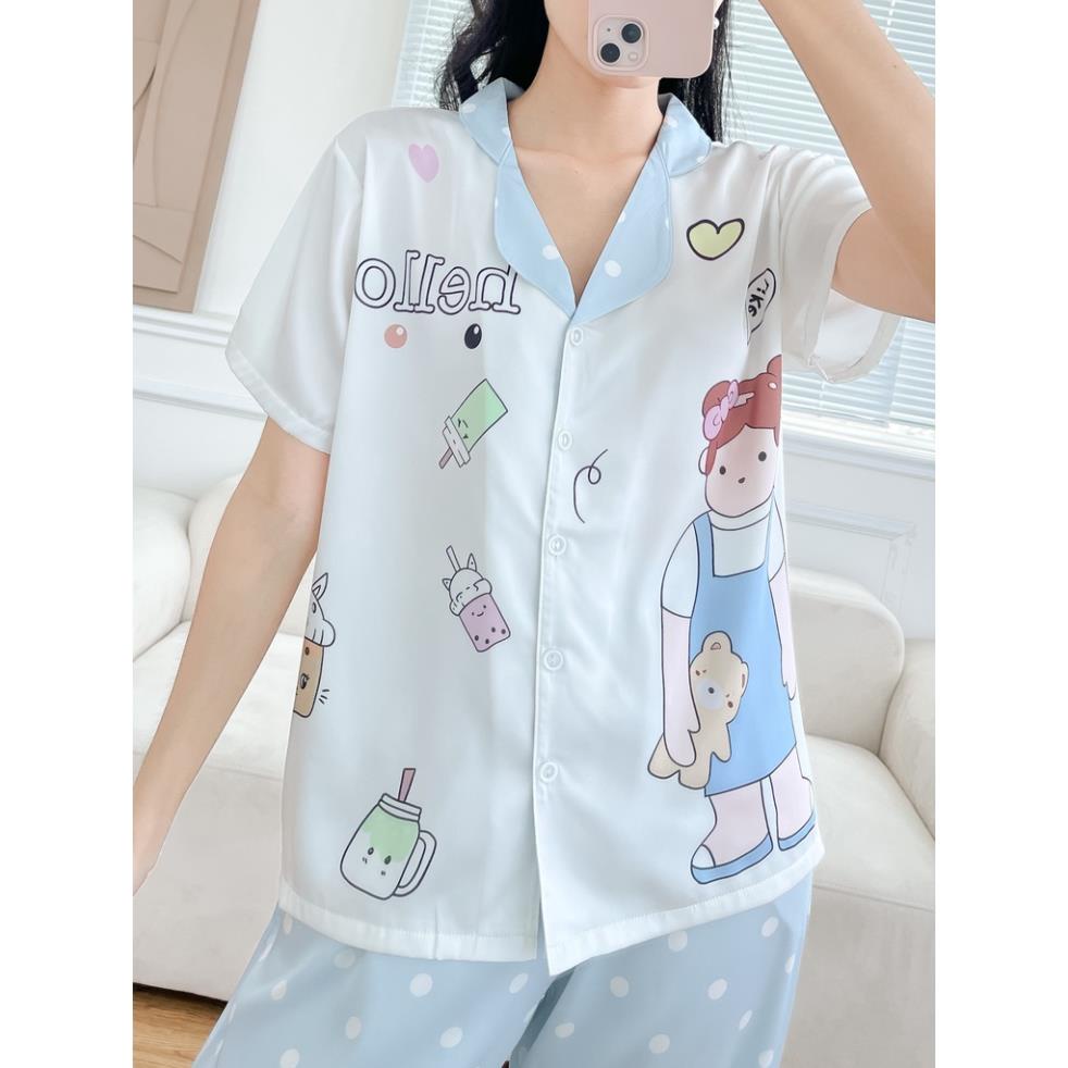 Đồ bộ tay ngắn nữ, pijama lụa latin mặc nhà họa tiết sang chảnh, set đồ thoáng mát