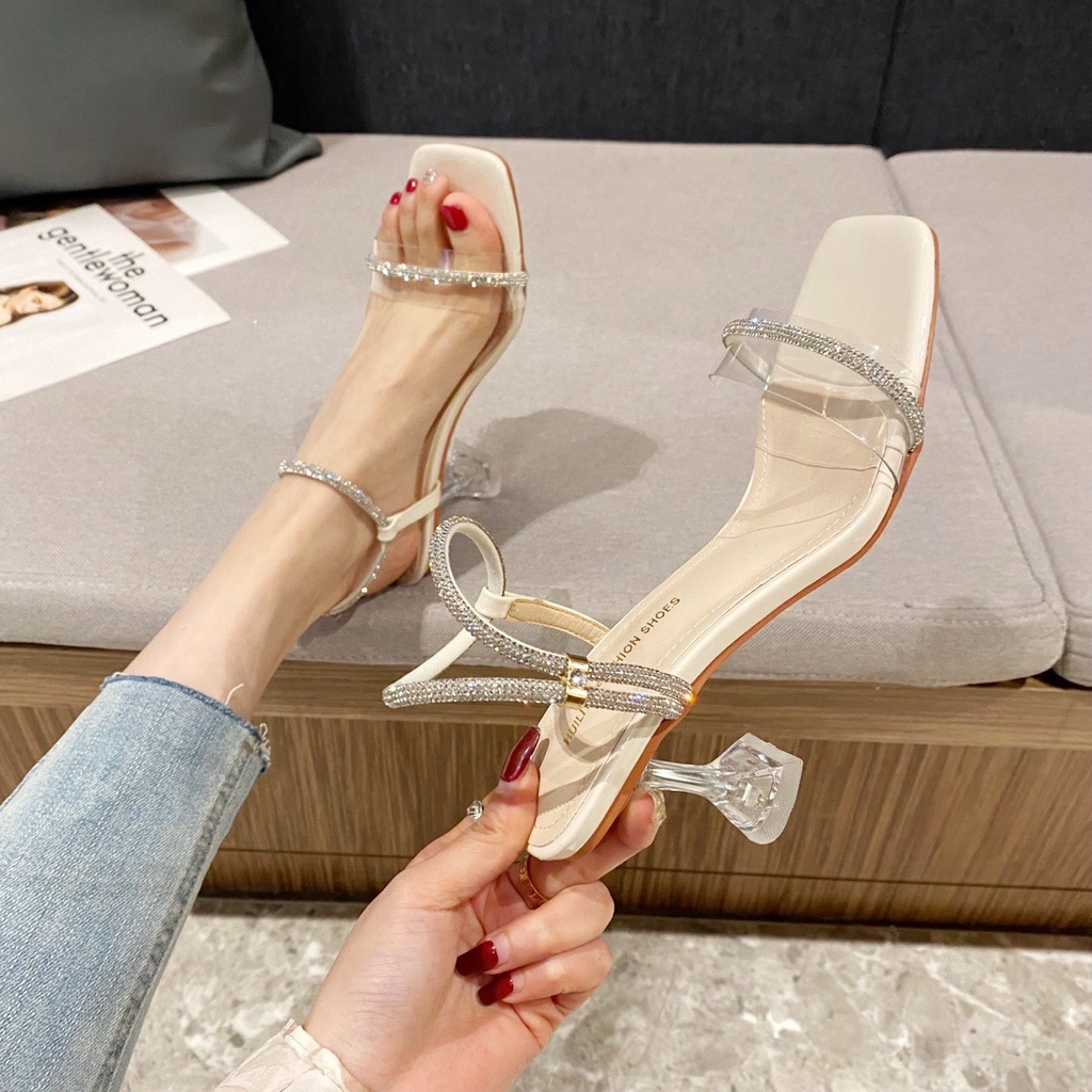 Sandal cao gót sandanl dép nữ quai xoàn gót Meka ly 7p giày cao gót mũi vuông quai đính đá