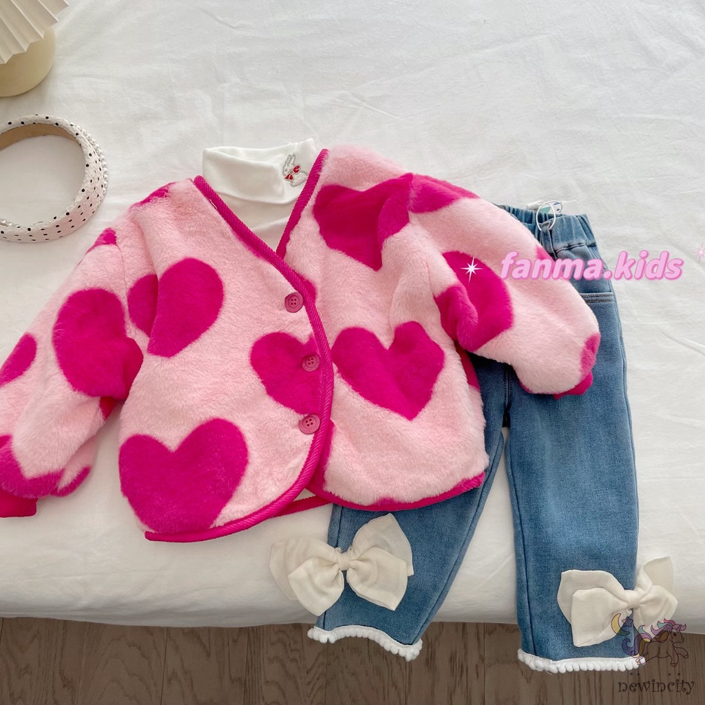 Áo Khoác Lông Cừu In Hình Trái Tim Ngọt Ngào Phong Cách Hàn Quốc Cho Bé Gái