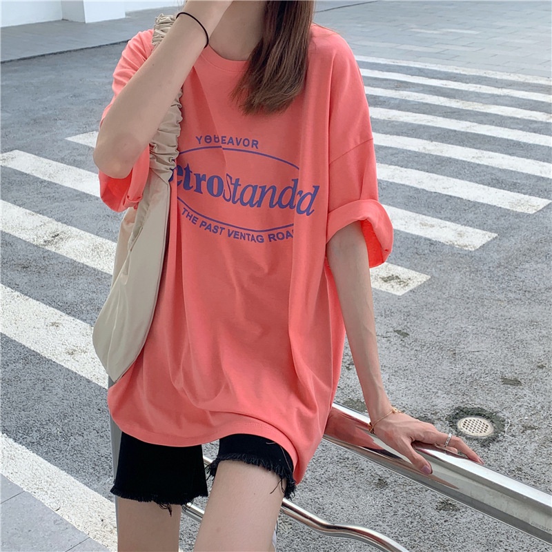 IELGY  Áo Thun Nữ Dài Trung Bình In Chữ Thời Trang