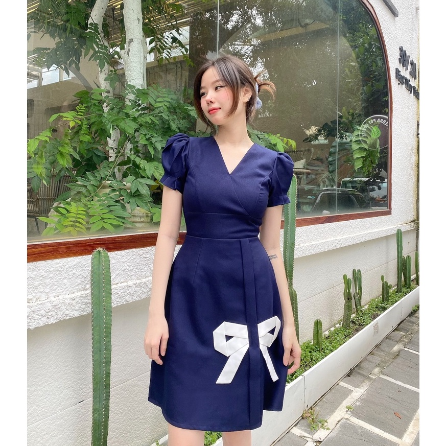 Đầm công sở xinh chữ a cổ v thanh lịch thiết kế cao cấp tay phồng xanh navy xinh đi làm đi tiệc eo tôn dáng – Lux W