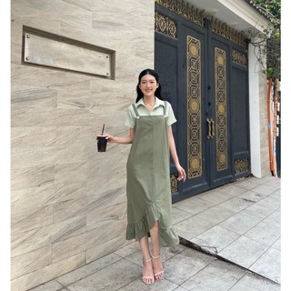 Đầm dây phối nút xanh rêu - Lovadova 22D08C005