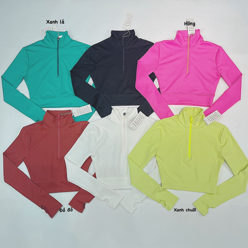 Áo Croptop Tập Gym, Yoga Tay Dài Xỏ Ngón, Dây Kéo Cổ Cao