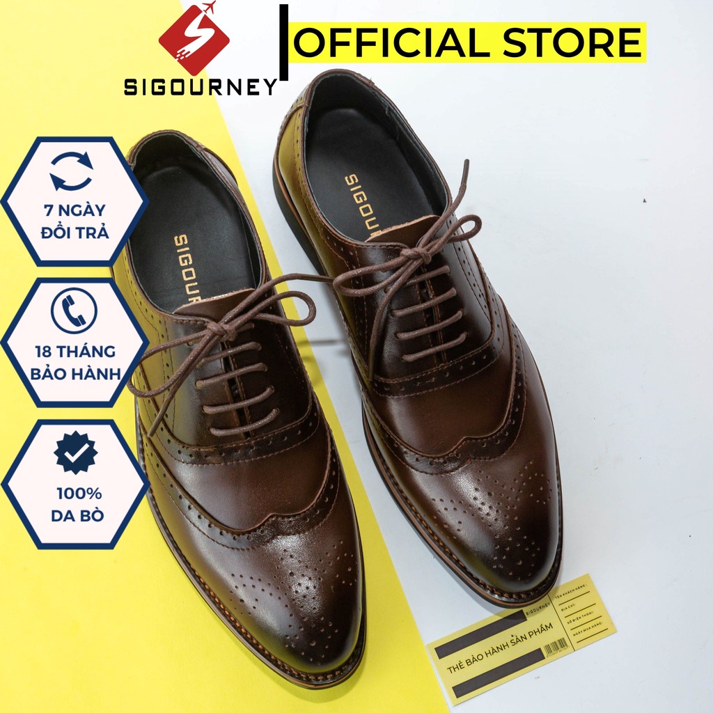 Giày da nam oxford họa tiết đục lỗ, giày tây SIGOURNEY da bò màu nâu Patina SIG26 bảo hành 18 tháng