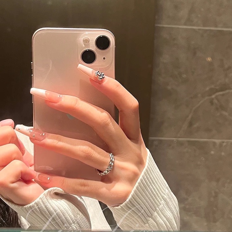 Nail box Móng Úp Móng Giả Thiết Kẻ Đầu Móng Trắng Đính Charm Chrome Hreat Kèm Đá N58