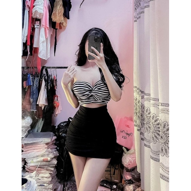 Set áo ống xoắn trước có mút và chân váy body rút dây 2 bên siêu hot