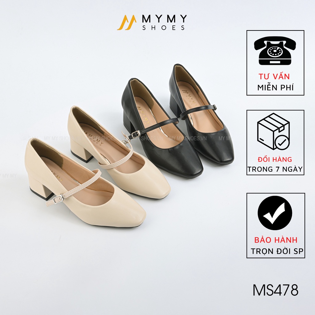 Giày cao gót mymy shoes da lì mũi vuông pha dây ngang chốt cài gót vuông da 4p MS478