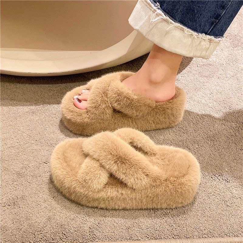 Dép Bông Quai Ngang - Quai Chéo Phủ Lông Dày Đế Cao 5cm Dễ Thương, Thời Trang Mùa Thu Đông Cho Nữ