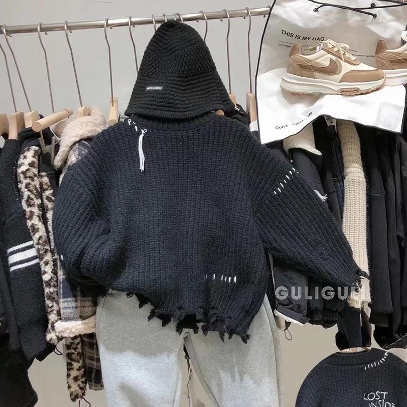 Áo Sweater Đen Thiết Kế Rách Thời Trang Thu Đông Phong Cách Hàn Quốc Cho Bé Trai