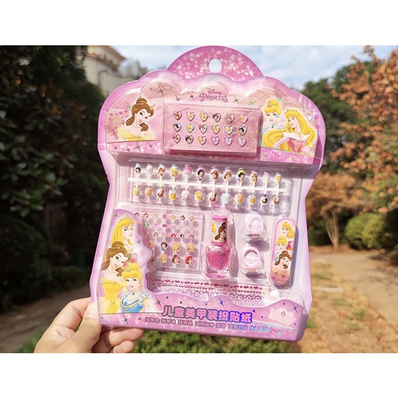 Bộ móng tay giả kèm sơn sticker dán móng cho bé dễ thương Elsa Công chúa Elsa Ariel Sophia Peppa Pony Unicorn