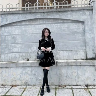 váy nhung cổ sen trắng