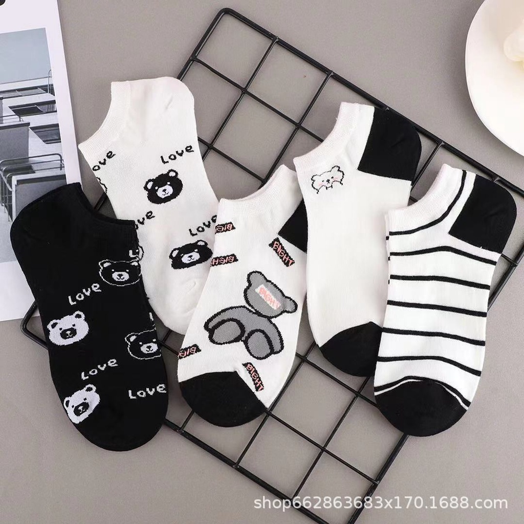 Vớ Thể Thao Cổ Thuyền Tàng Hình In Họa Tiết Gấu Hoạt Hình Cho Nam & Nữ