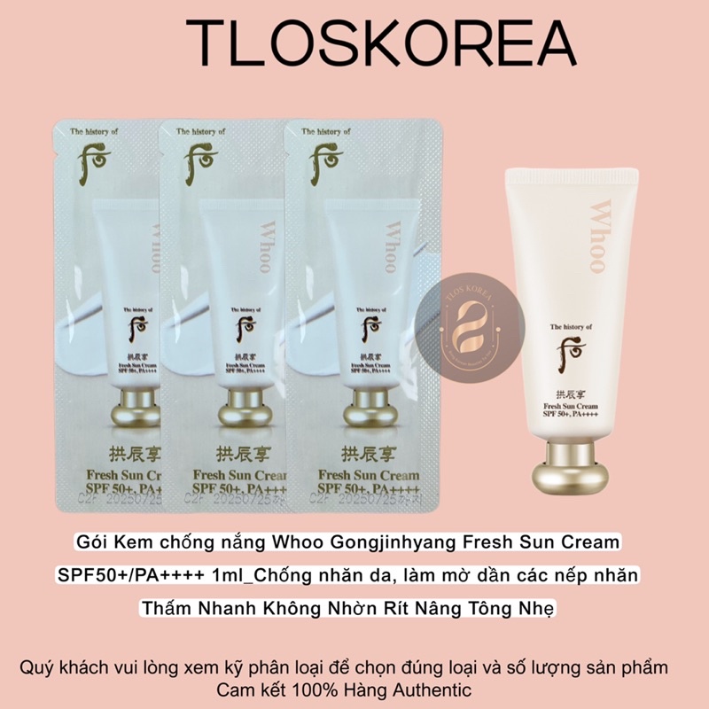 Gói Sample Kem Chống Nắng Hạ Nhiệt/Mát Da/Trắng Da/Không Bết Whoo Gongjinyang Fresh Sun Cream Spf50/Pa++++