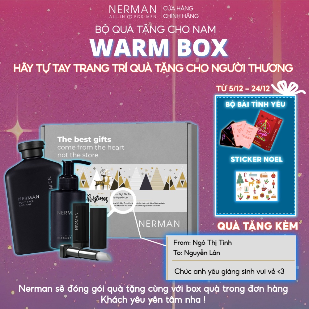 Bộ quà tặng nam giới WARM BOX Nerman - Sữa tắm gội hương nước hoa 3in1 &Dung dịch vệ sinh nam 100m&Son dưỡng cho nam4g