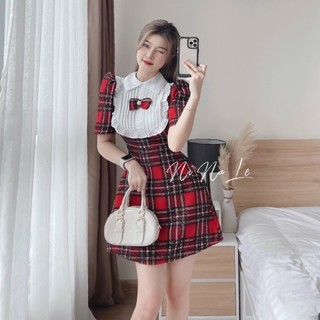 Đầm dạ caro đỏ cổ trắng bèo