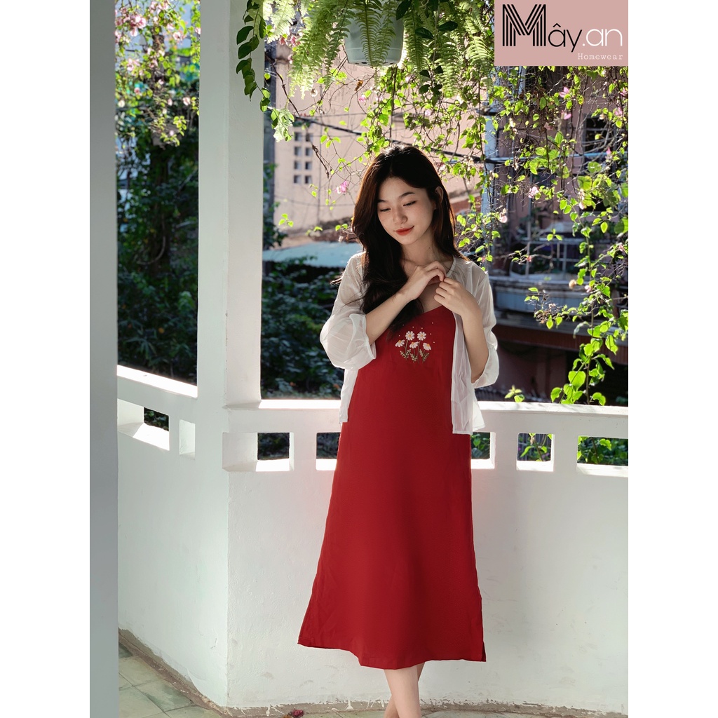 Đồ mặc nhà Mây Đầm 2 dây họa tiết thêu tay linen