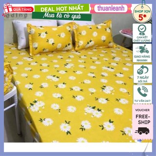 Bộ ga gối trải giường coton poly Hàn,1m4x2m có chọn mẫu(cúc họa mi vàng)