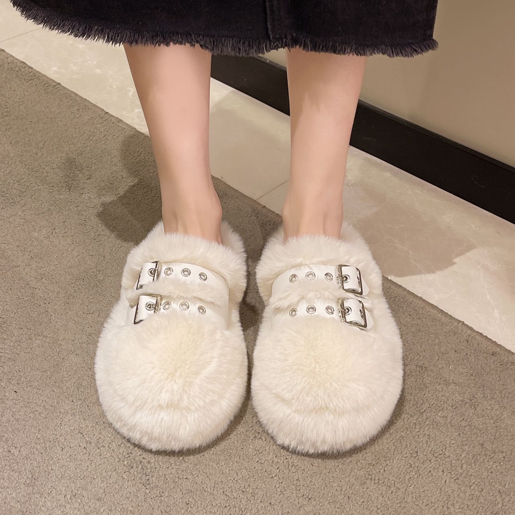 Dép lê lông đế dày nữ đi bên ngoài mẫu mới năm 2023 phong cách Hàn Quốc dép sục bít mũi tiên nữ giày bông lông nhung cho nữ