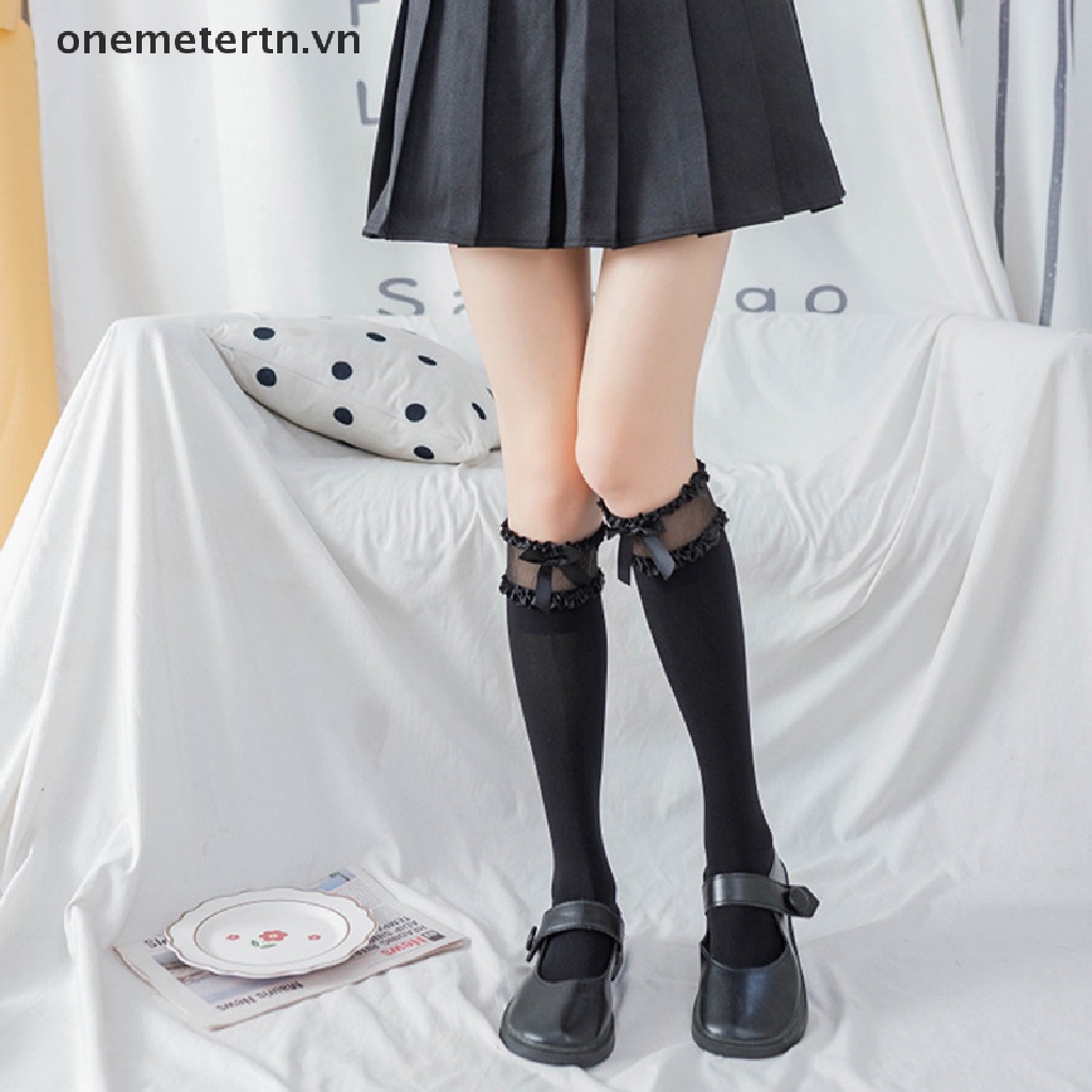 Vớ Cotton Dài Qua Gối Đính Nơ Phong Cách Lolita Hàn Quốc