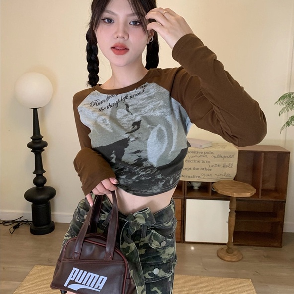 Áo thun croptop SUXI tay dài cổ tròn thời trang mùa thu quyến rũ cho nữ