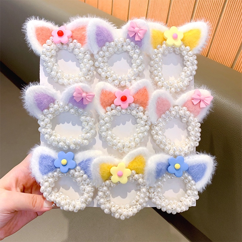 Dây Cột Tóc Hai Lớp Co Giãn Đính Tai Mèo Bông / Ngọc Trai Dễ Thương Cho Bé Gái