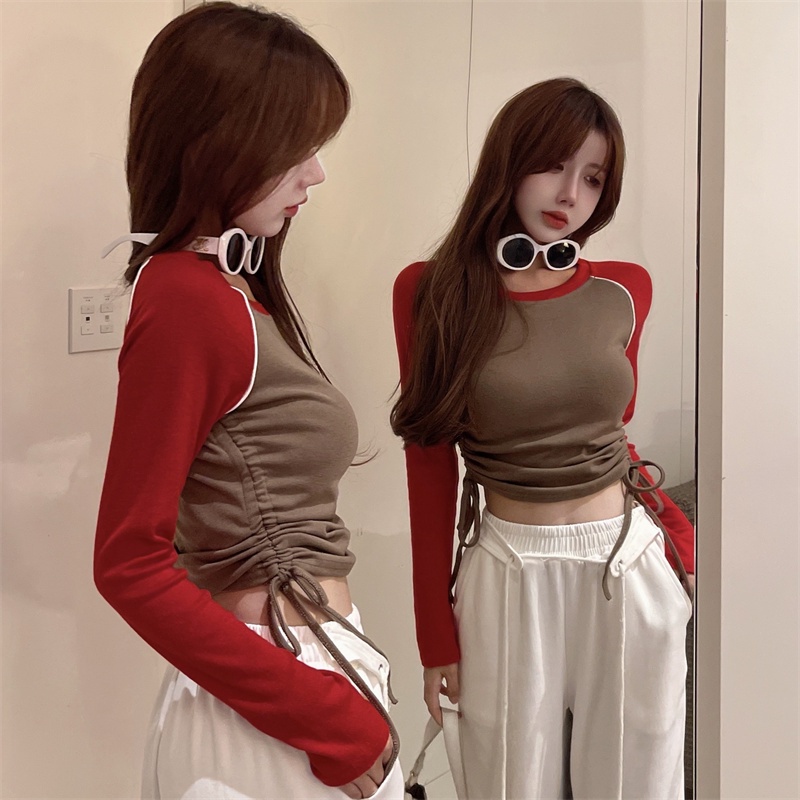 IELGY IELGY Áo Thun Kaki Dài Tay Ôm Dáng Phối Dây Rút Bên Hông Phong Cách Mỹ Cho Nữ