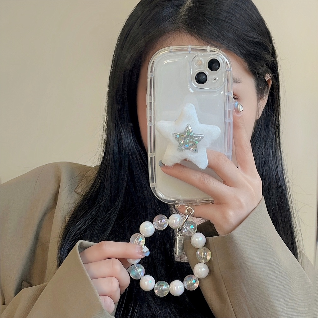 Ốp Điện Thoại Tpu Silicon Mềm Trong Suốt Chống Rơi Có Vòng Đỡ + Dây Đeo Ngọc Trai Cho iPhone 14 13 12 11 Pro Max XS XR 14 Plus