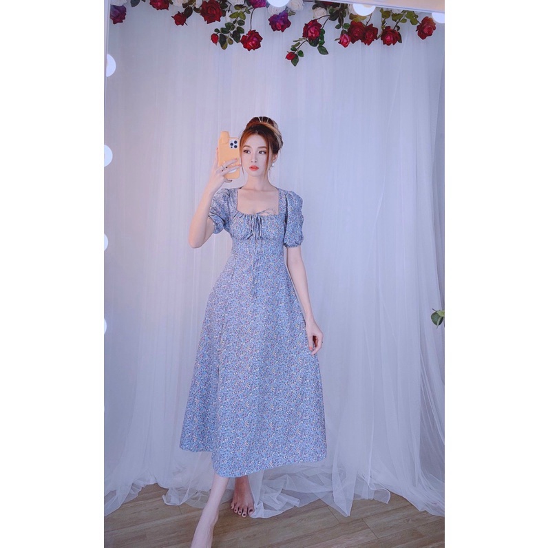 Đầm maxi hoa nhí cổ vuông nhún ngực cột nơ nhỏ xẻ tà bầu bì bon chen thoải mái gdt129 hàng chuẩn shop