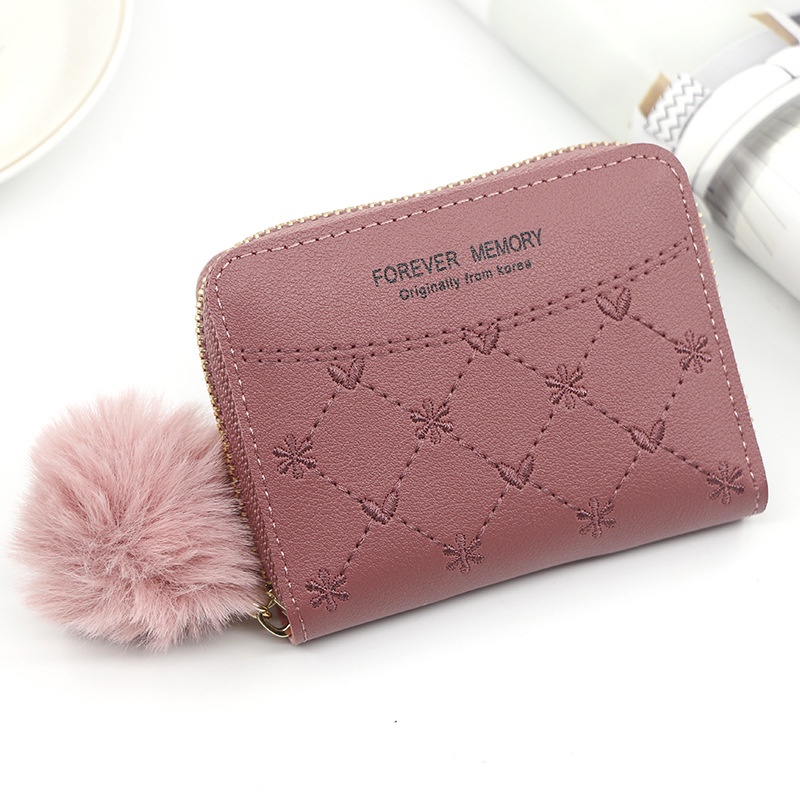 Ielgy Ví Nữ Màu Trơn Có Khóa Kéo Với Bóng Lông