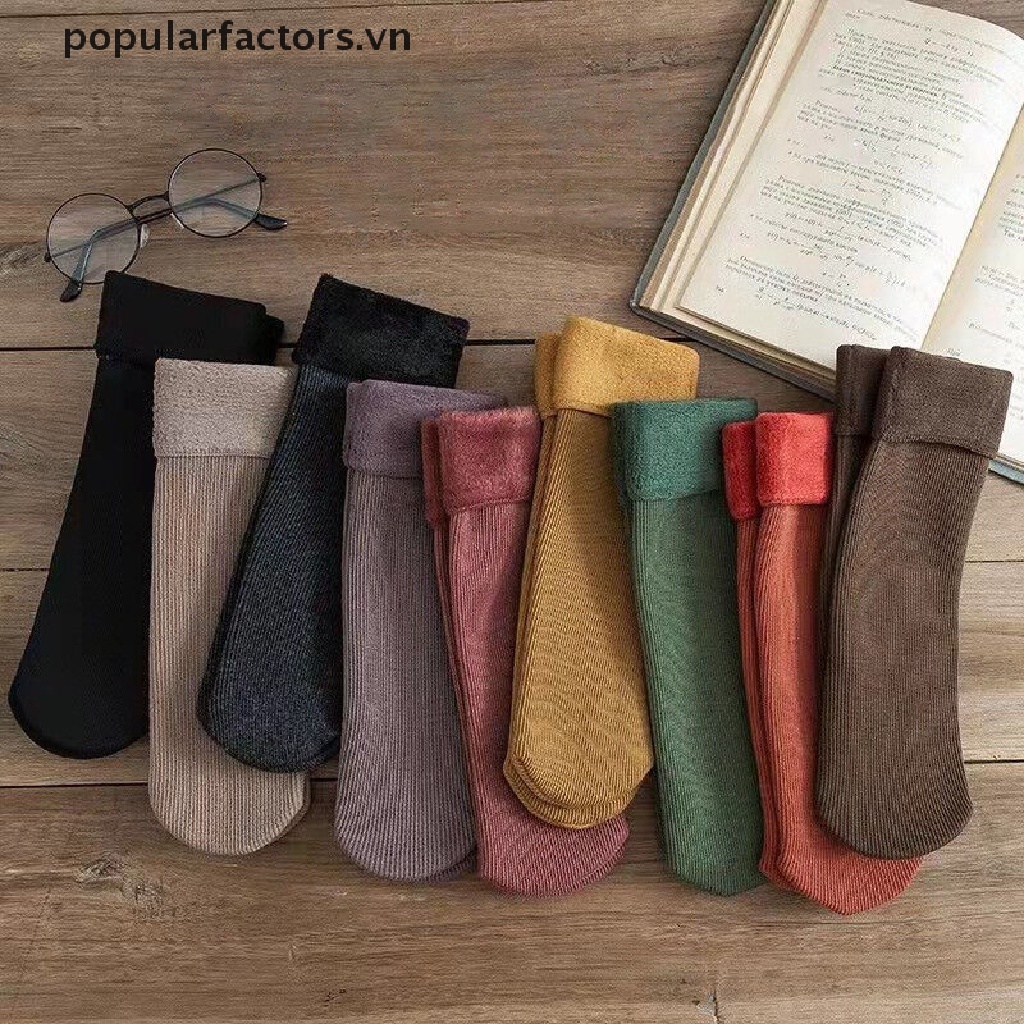 1 Đôi Tất Nhung Dày Giữ Ấm Mùa Đông Kẻ Sọc Màu Trơn Cho Nữ