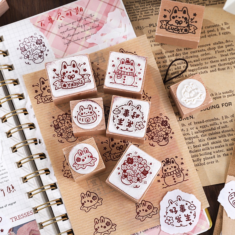 Bộ Con Dấu Bằng Gỗ Hình Thỏ Dễ Thương Trang Trí Nhật Ký DIY