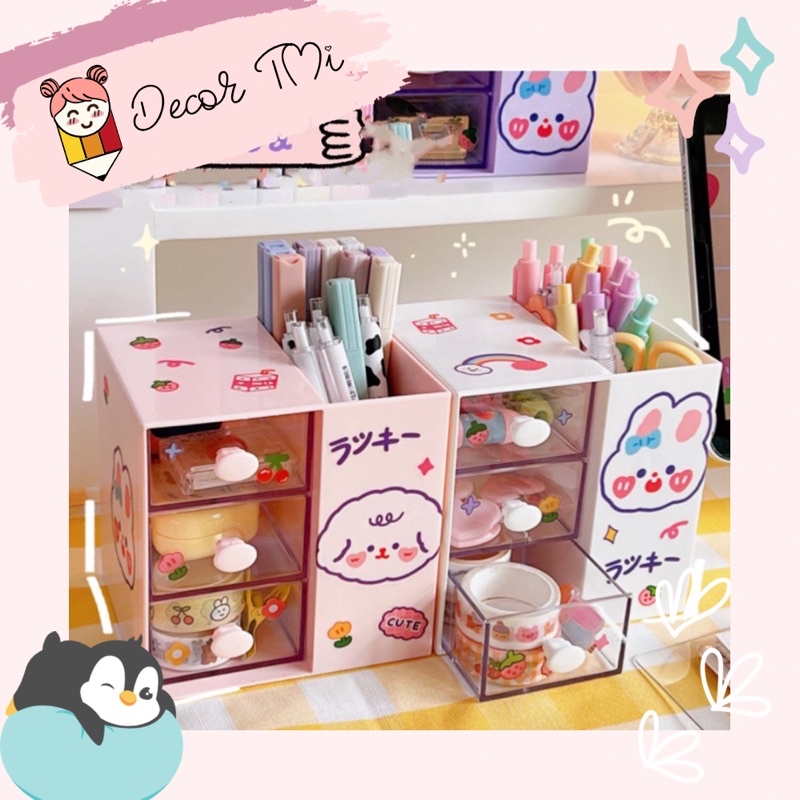 Kệ đựng bút, trang sức để bàn tủ văn phòng 5 ngăn trong suốt kèm sticker decor hộp kéo nhiều ô cute