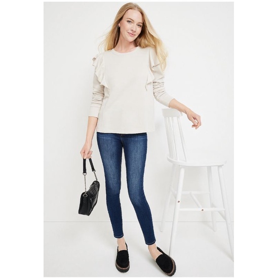 Áo sweatshirt tay phồng VNXK áo thu đông len dệt kim tay dài viền bèo màu trắng xuất khẩu dư xịn