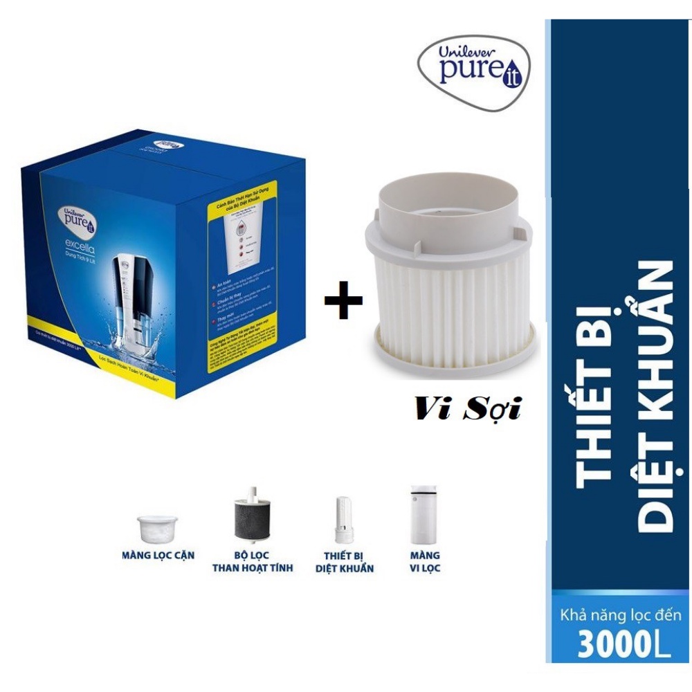 Bộ 4 lõi lọc Unilever Pureit Excella | Lọc cặn - Diệt khuẩn - Than hoạt tính | CS 3000L | Hàng chính hãng