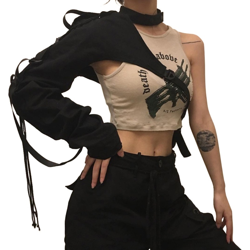 Whi Áo Crop Top Một Vai Tay Dài Có Khóa Cài Phong Cách Gothic Cho Nữ Shrug